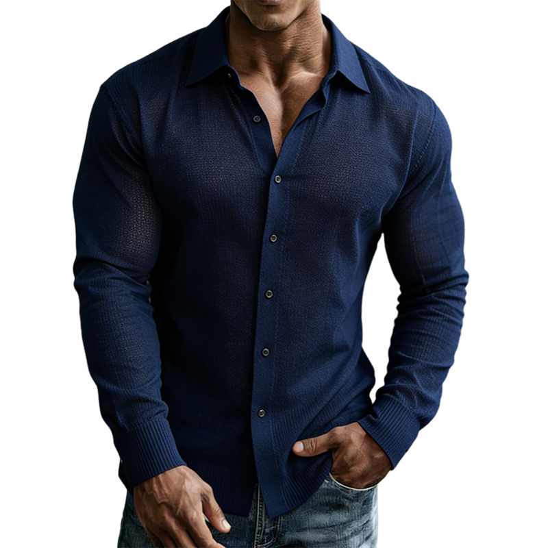 Men's Retro Casual Solid Color Knit Lapel Long Sleeve Shirt MTZ2708A6TO