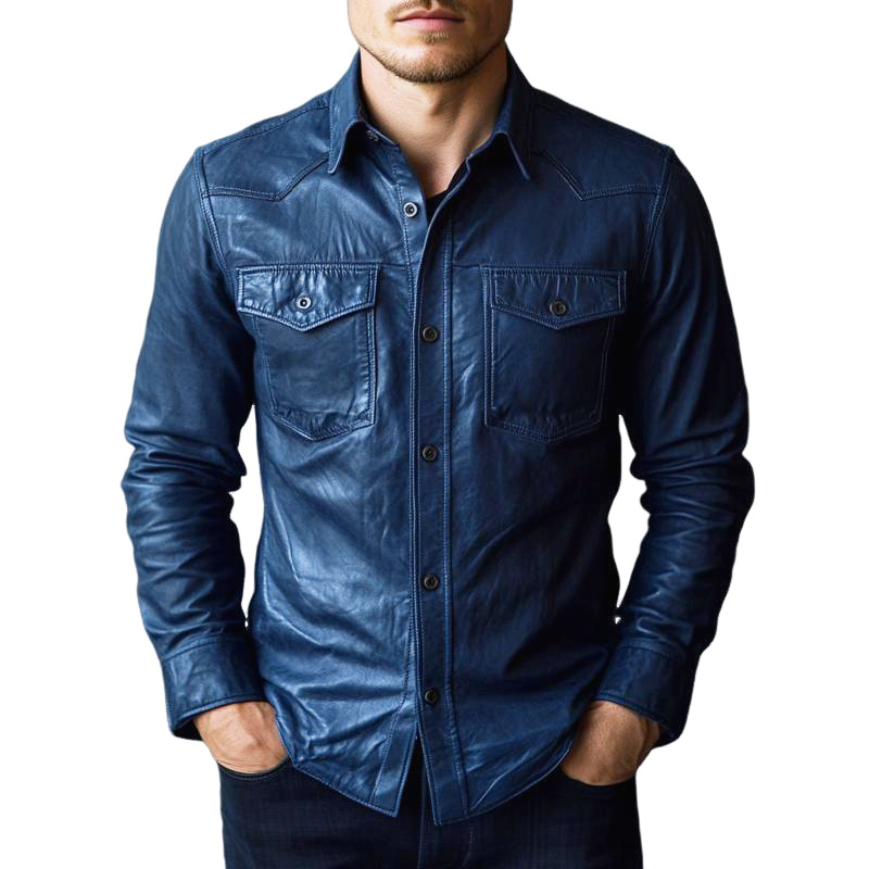 Chemise en cuir à manches longues et revers bleu foncé élégante pour hommes 72993130F