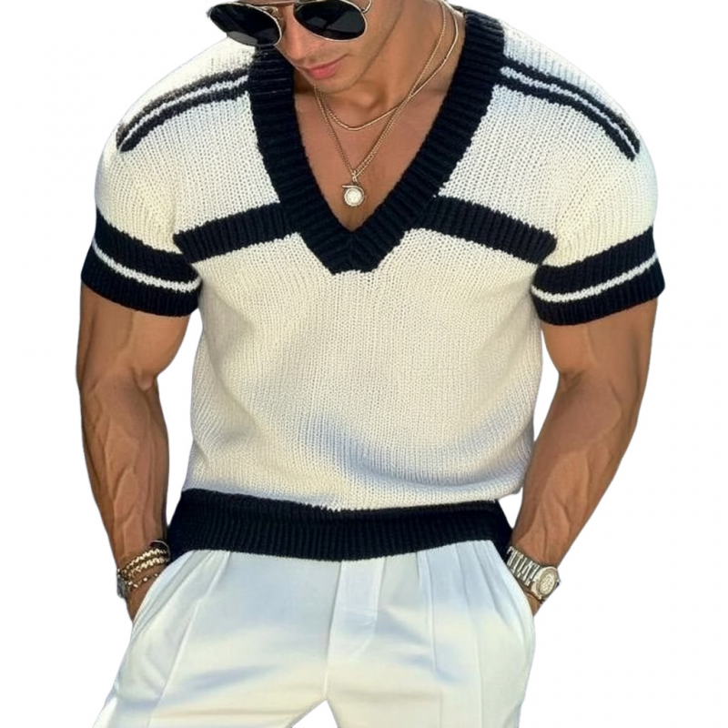 24-hour shipping out】Men's Casual V-neck Striped Jacquard Slim Fit Kn