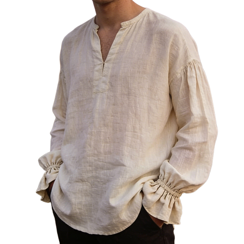 Men's Retro Casual Cotton Linen V-Neck Pullover Long-Sleeve Shirt MTA1230L8TO