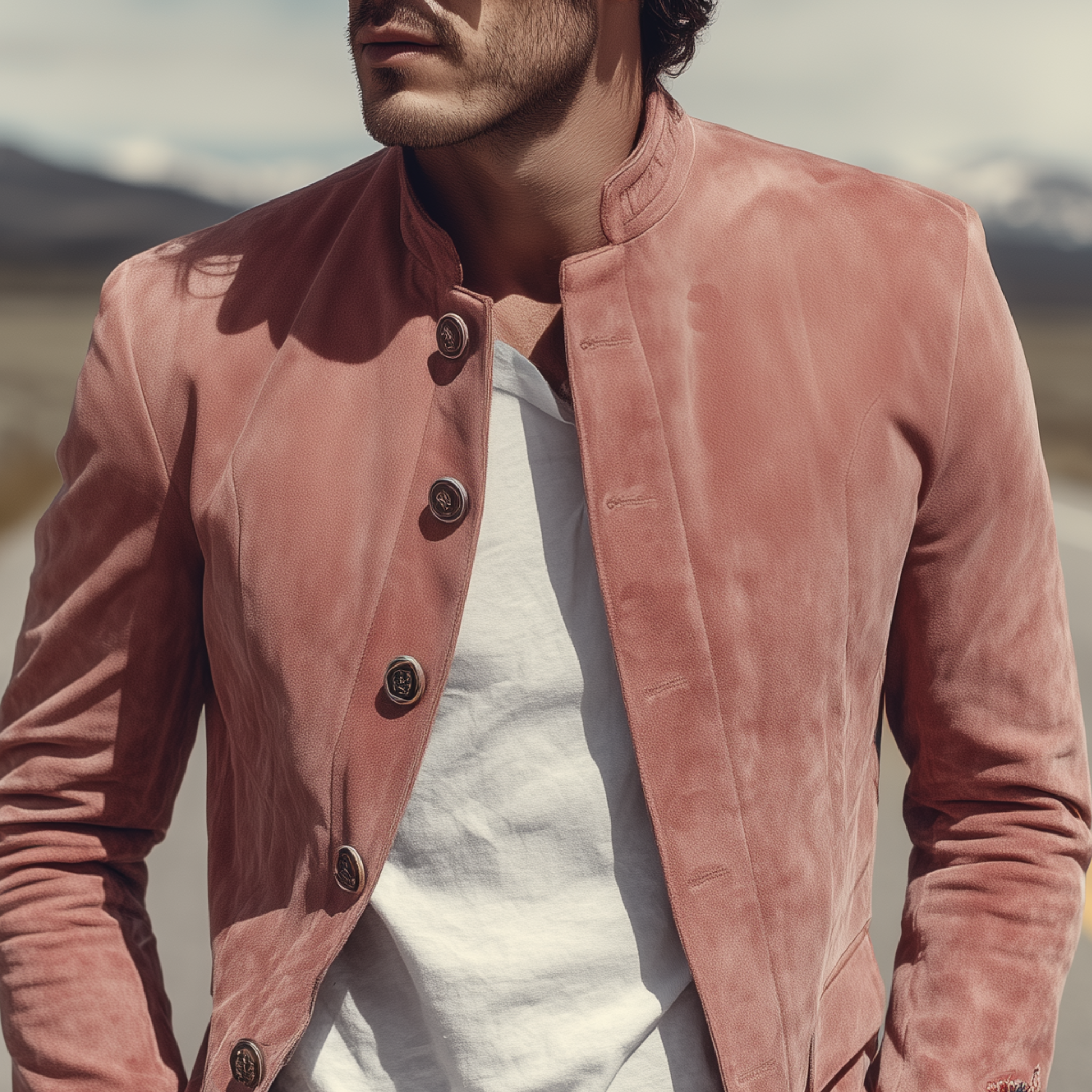 Men's Classic American Retro Western Style Stand Collar Embroidered Pink Suede Jacket MTA2015H1K