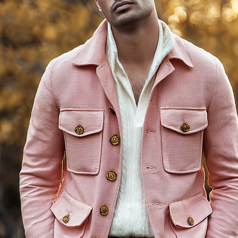 Men's Solid Waffle Lapel Single Breasted Multi-pocket Jacket MTA0362I7Z