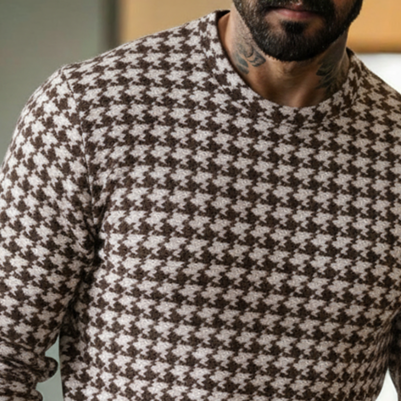 Men's Retro Casual Houndstooth Round Neck Long Sleeve T-shirt MTA1077J7TO