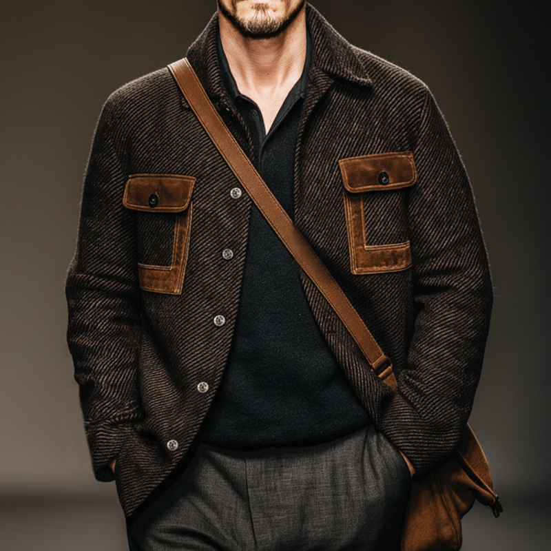 Men's Vintage Twill Faux Wool Patchwork PU Leather Jacket MTA2312J7U