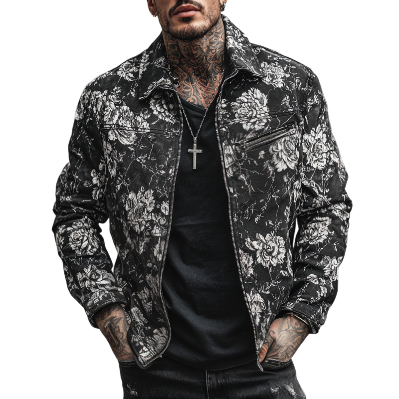 Men's Fashion Floral Print Lapel Chest Pocket Zipper Jacket MTA0125H2Z
