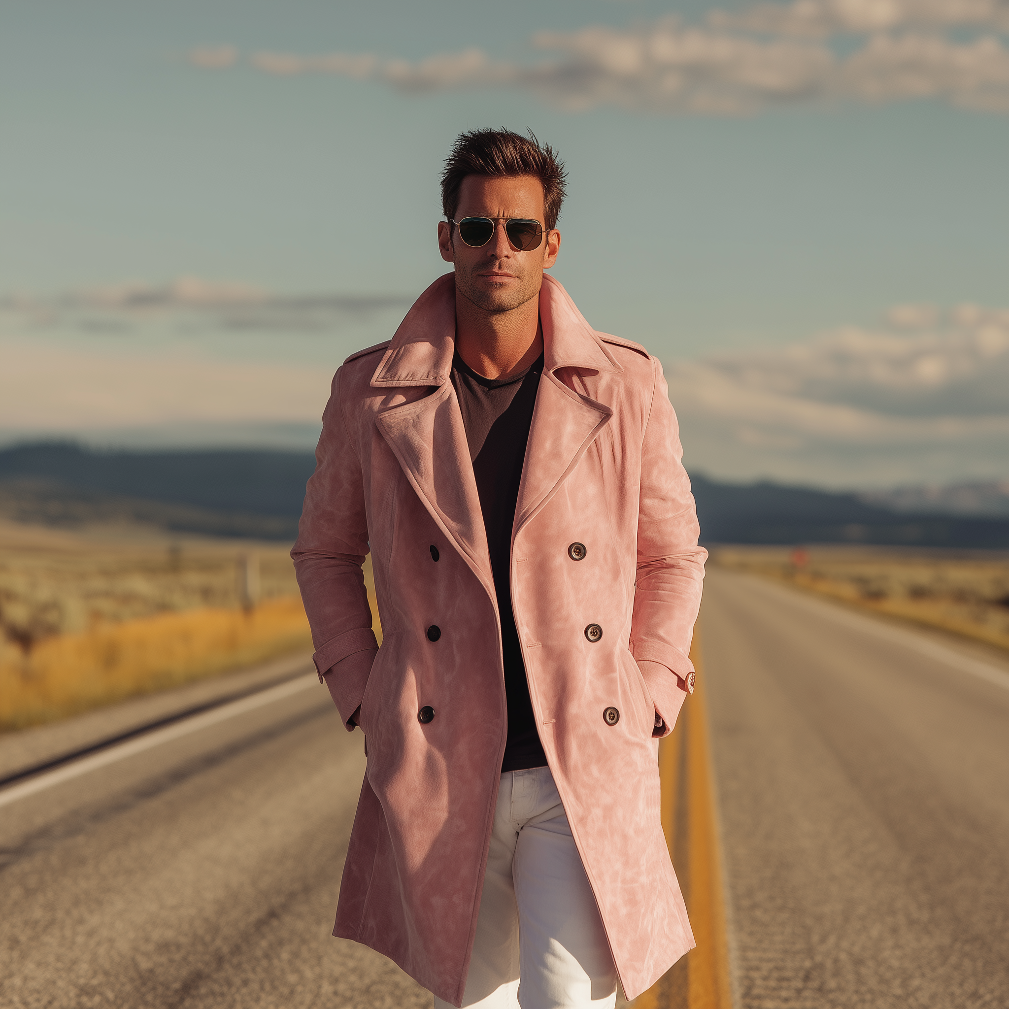 Men's Classic American Retro Western Pink Suede Double-Breasted Coat MTA1902H5K