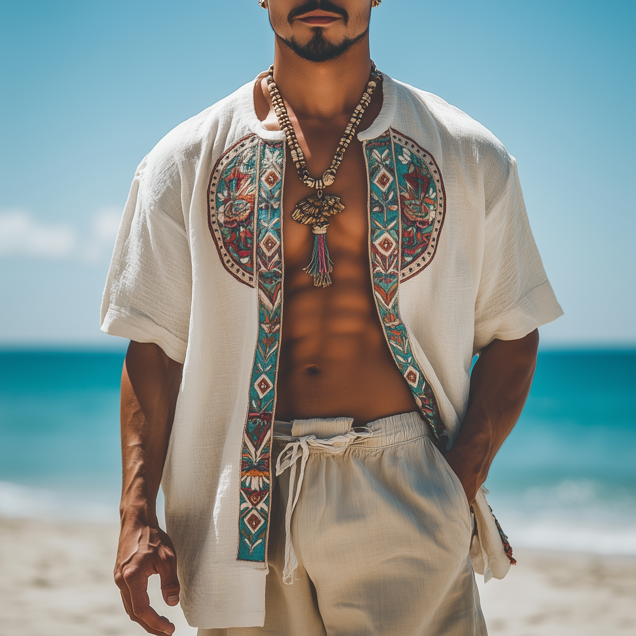 Men's Summer Fashion Holiday Style Embroidered Cotton And Linen Short-Sleeved Open Shirt MTA1733F4P