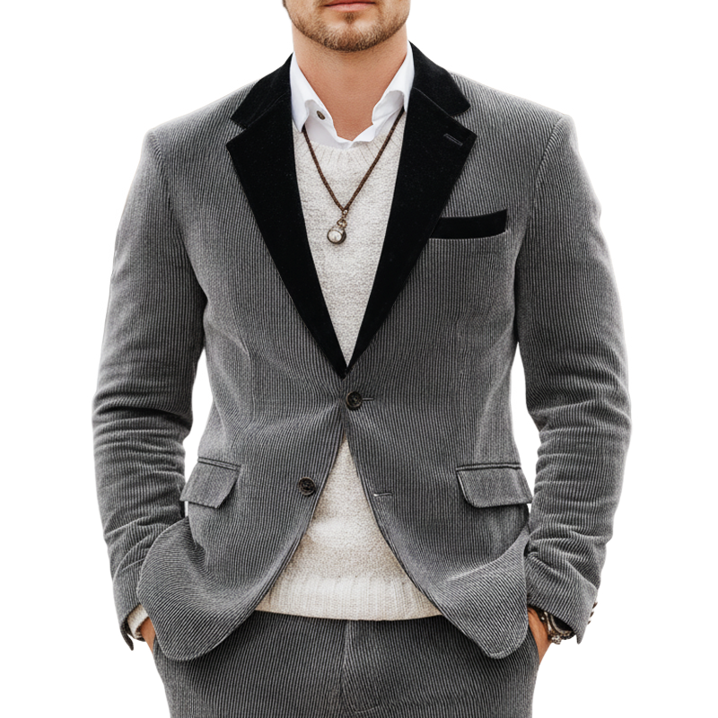 Men's Classic Color-block Collar Two-button Corduroy Slim-fit Blazer MTA2076L2U