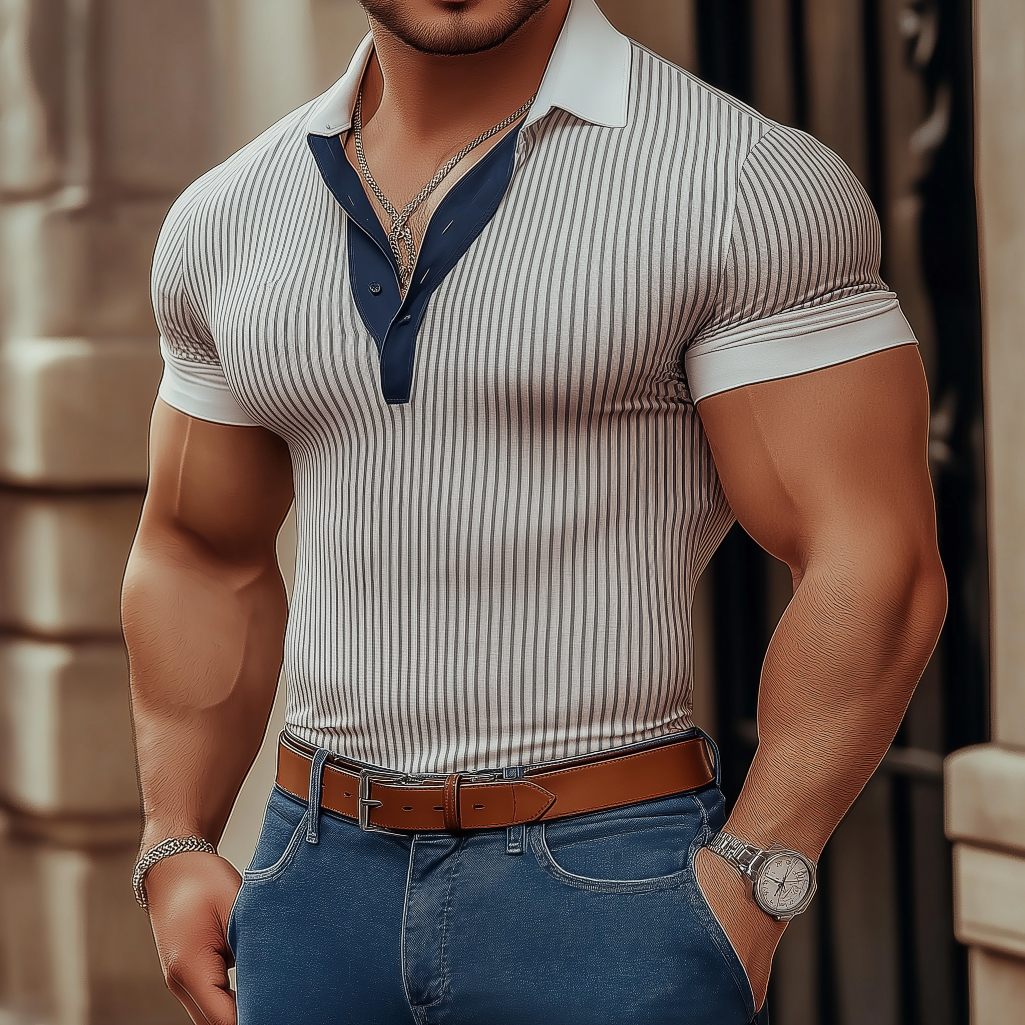 Men's Summer Slim Striped Knitted Short Sleeve Polo Shirt MTA2519G9P