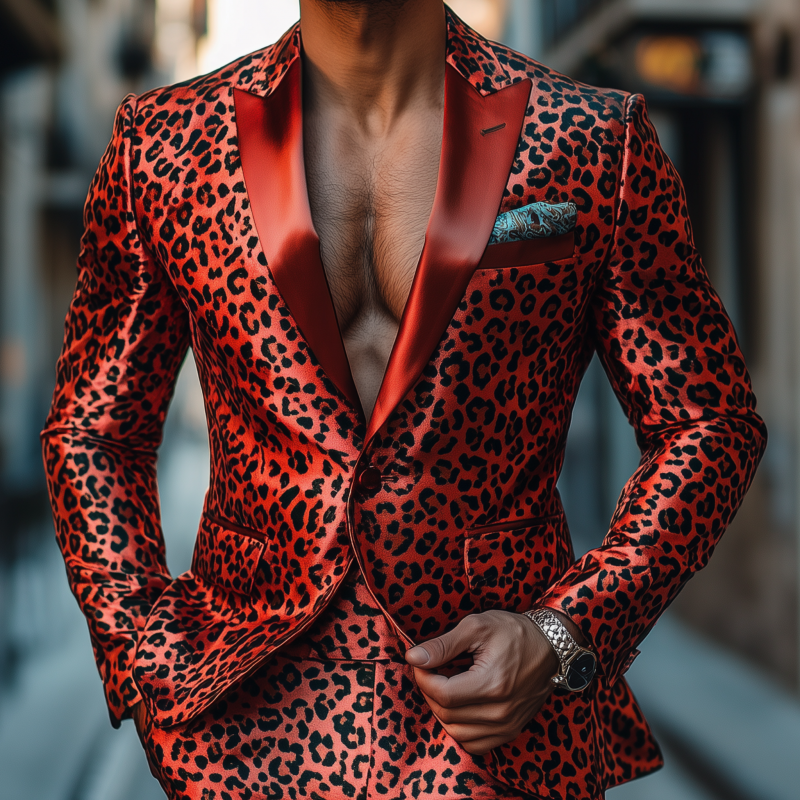 Men's Stylish Colorblock Leopard Print Satin Patchwork Shawl Collar Single-breasted Slim-fit Blazer MTA2911G7M