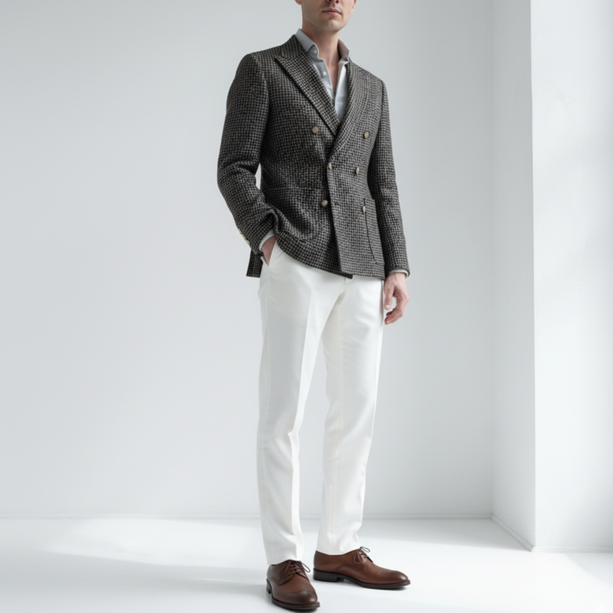 Men's Classic Retro Light Business Faux Small Houndstooth Wool Double-breasted Blazer MTA2584I0K