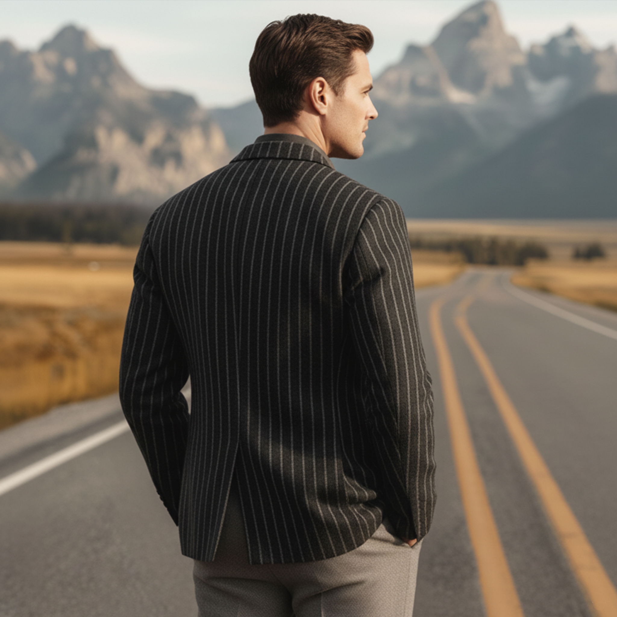 Men's Classic Retro Light Business Faux Vertical Striped Woolen Single-breasted Blazer MTA2568I8K