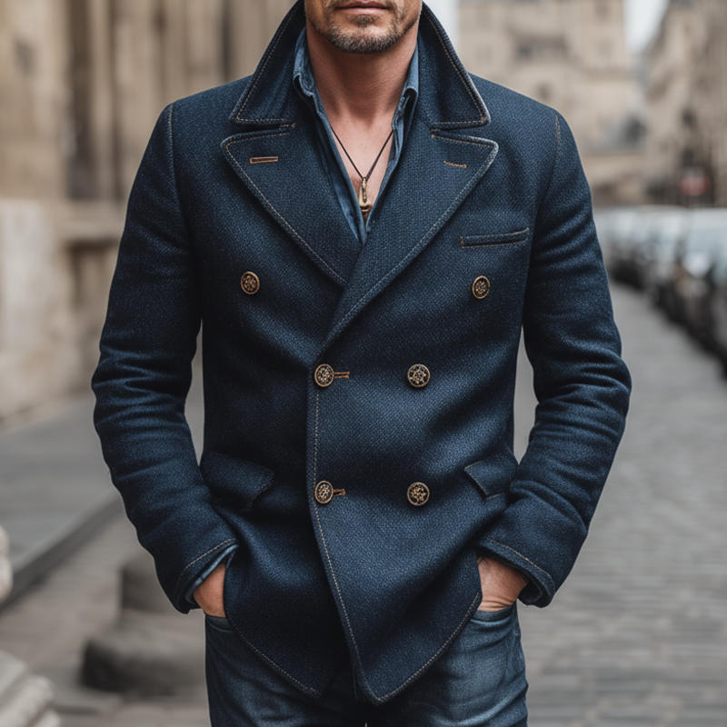 Men's Classic Navy Blue Double-breasted Faux Wool Blazer MTA2041J0U