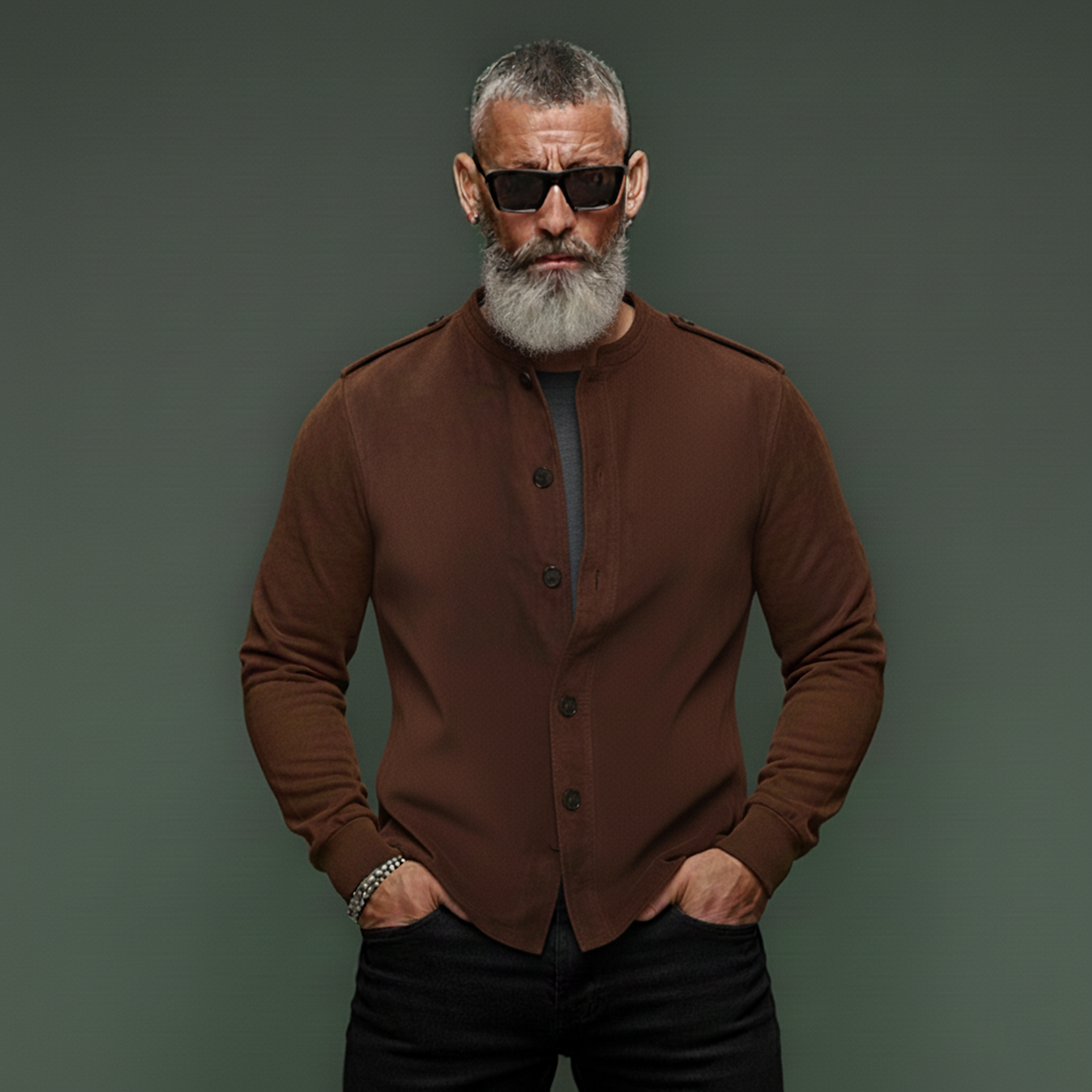 Men's Classic Vintage Stand-collar Epaulet Faux Suede Long-sleeved Shirt MTA1705L4K