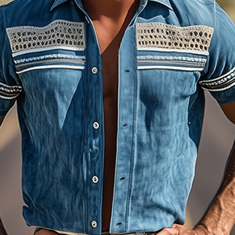 Men's Spring/Summer Suede Splicing Drop Mesh And Web Short Sleeve Shirt MTA3012F5K