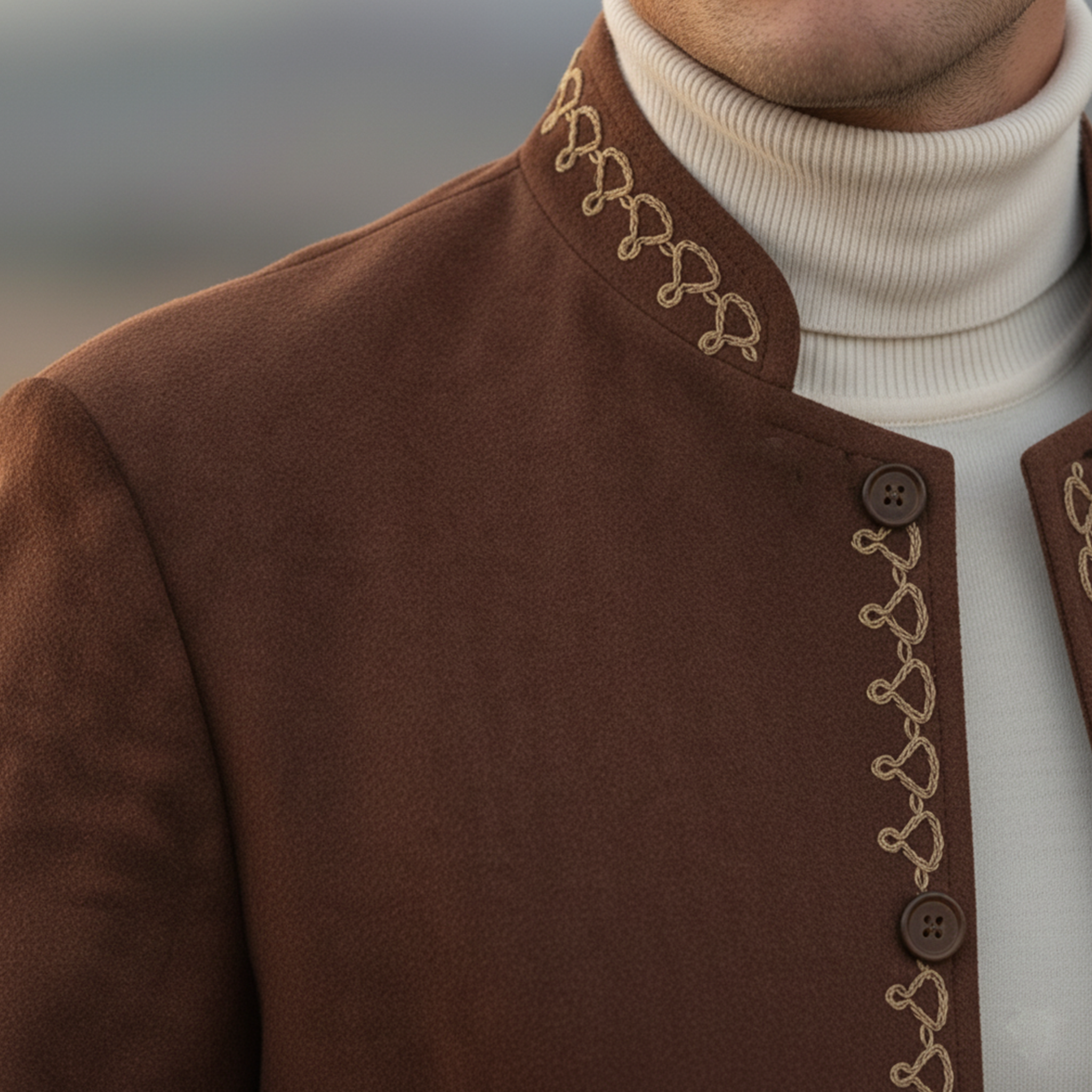 Men's Classic Retro Stand-up Collar Embroidered Faux Suede Jacket MTA2582K1K