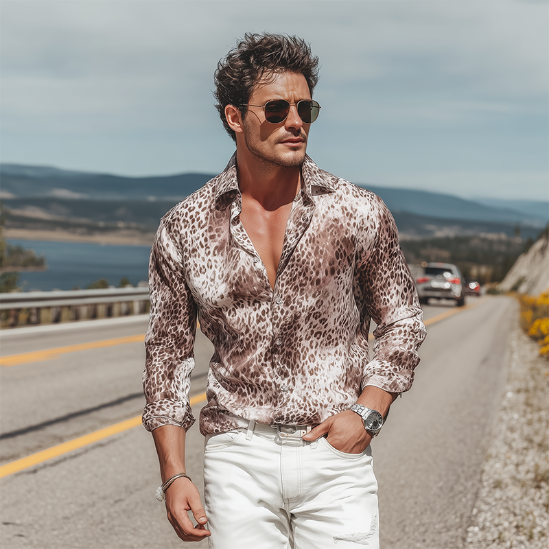 Men's Spring And Summer Fashion Casual Satin Leopard Print Long Sleeve Shirt MTA0509G3K