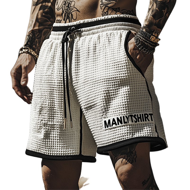 Men's Classic Casual Tough Style Waffle Black And White Stitching Letter Embroidery Elastic Waist Shorts MTA2418E9K