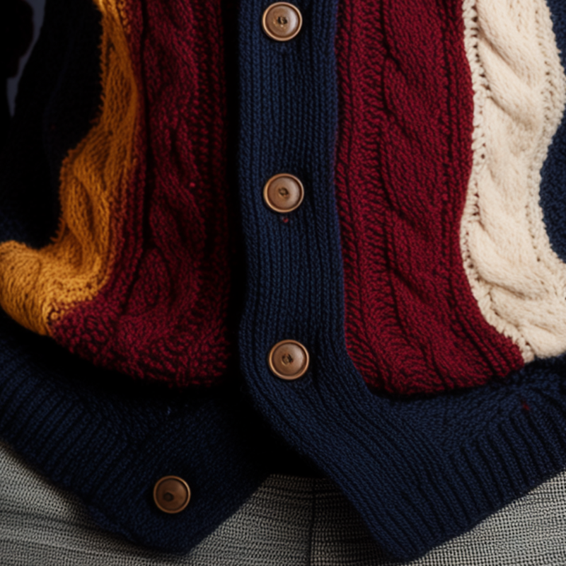 Men's Autumn And Winter Retro Color-Contrast Twist Pattern Knitted Cardigan MTA0894I8P