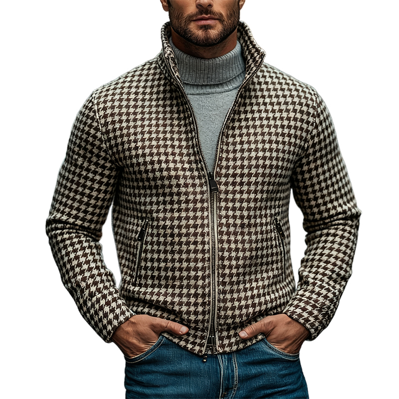 Men's Houndstooth Blend Tweed Lapel Zipper Jacket MTA2445J7X