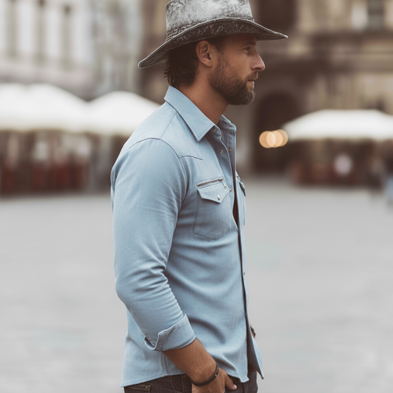 Men's Elegant Light Blue Faux Suede Snap-button Long-sleeved Shirt MTZ0943A7U