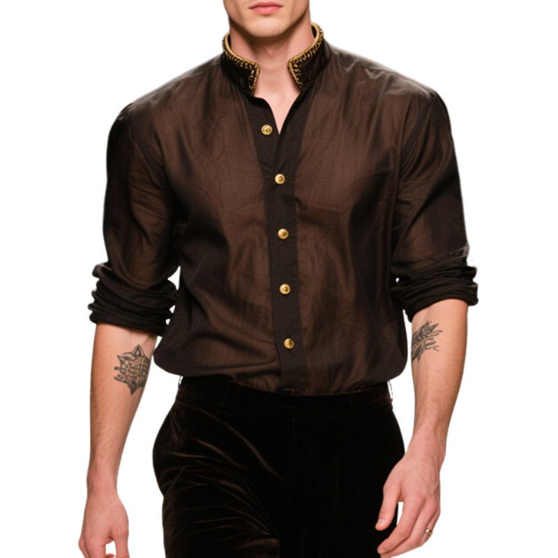 Men's Retro Casual Medieval Embroidery Metal Stand Collar Long Sleeve Shirt MTA2935E7TO