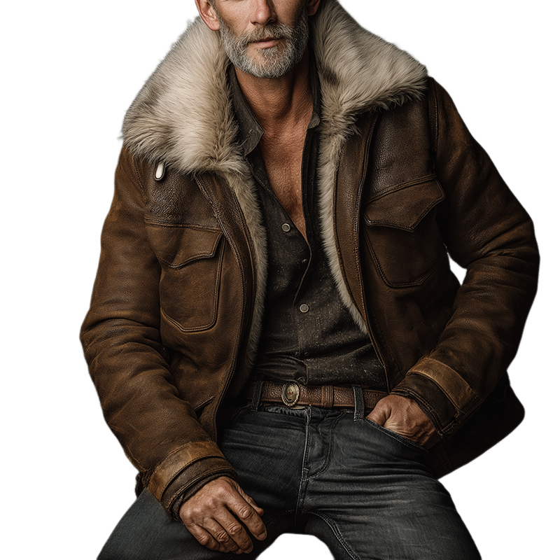 Men's Retro Casual Faux Leather Warm Fur Lapel Jacket MTA0396I9TO