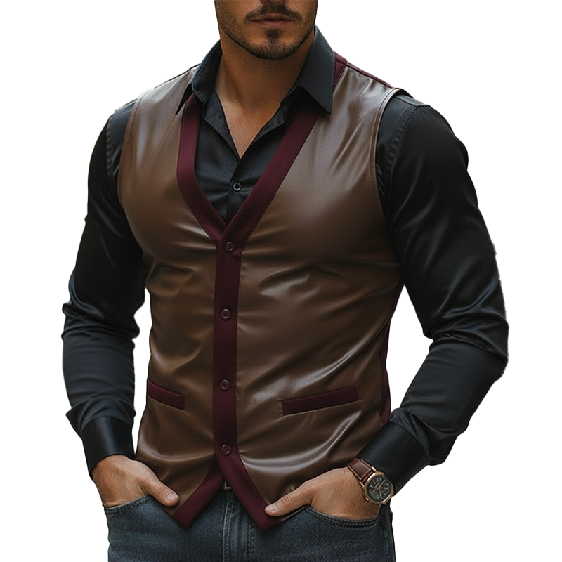Men's Vintage-style Color-block PU Faux Leather Button-up Sleeveless Vest MTA2598L4P
