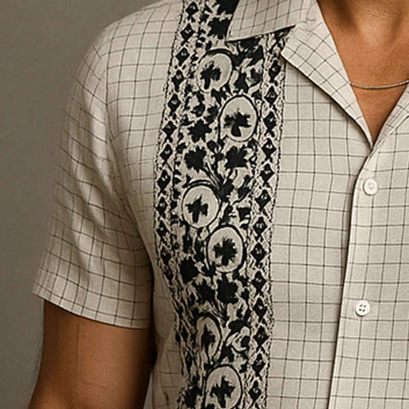 Men's Summer Fashion Embroidered Check Linen Short Sleeve Shirt MTA2813E3P