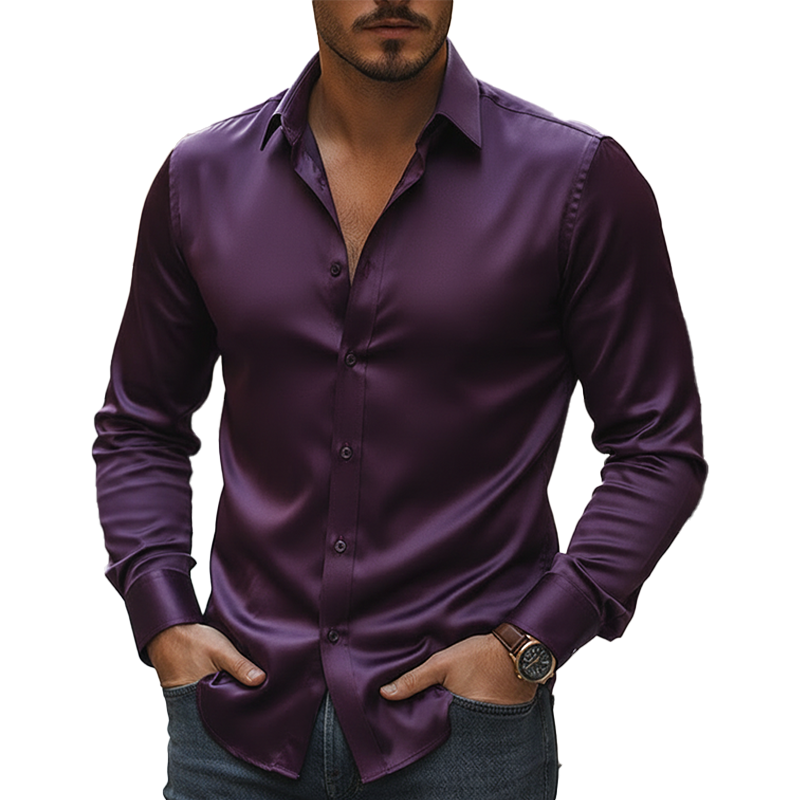 Men's Vintage Solid Color Satin Long-sleeved Button-down Shirt MTA2315L3P
