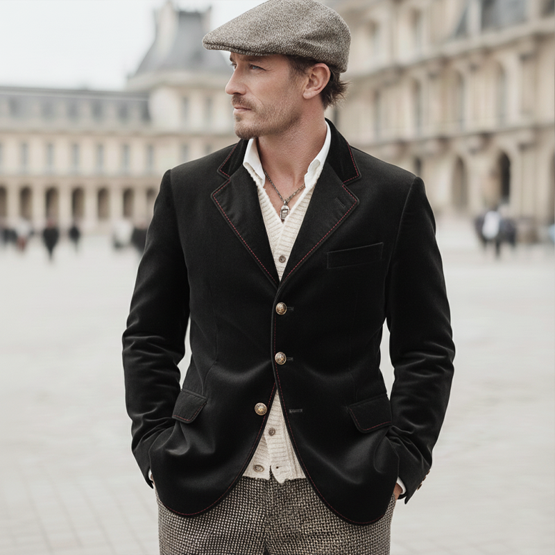 Men's Classic Retro Velvet Three-button Contrasting Stitching Blazer MTZ0411A7U