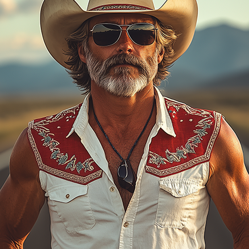 Herre vår- og sommermote Retro Western Cowboy-stil Bomullsblanding Søm Bomull og Lin Broderi Slank Ermeløs Skjorte MTA0912E7K