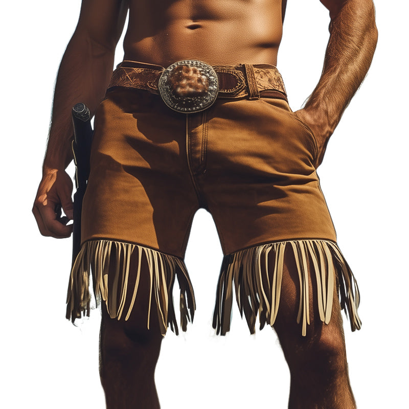 Men's Summer Western Cowboy Style Light Suede Fringe Shorts MTA1552E1U