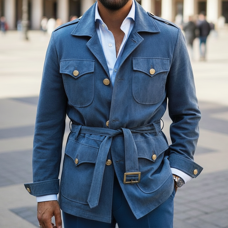 Men's Classic Vintage Blue Belted Suede Jacket MTA2499I9U