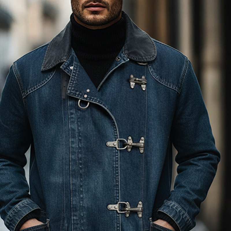 Men's Vintage Washed Single-breasted Lapel Contrast Color Mid-length Denim Coat MTA1456J5X