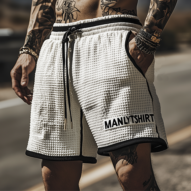 Men's Classic Casual Tough Style Waffle Black And White Stitching Letter Embroidery Elastic Waist Shorts MTA2418E9K