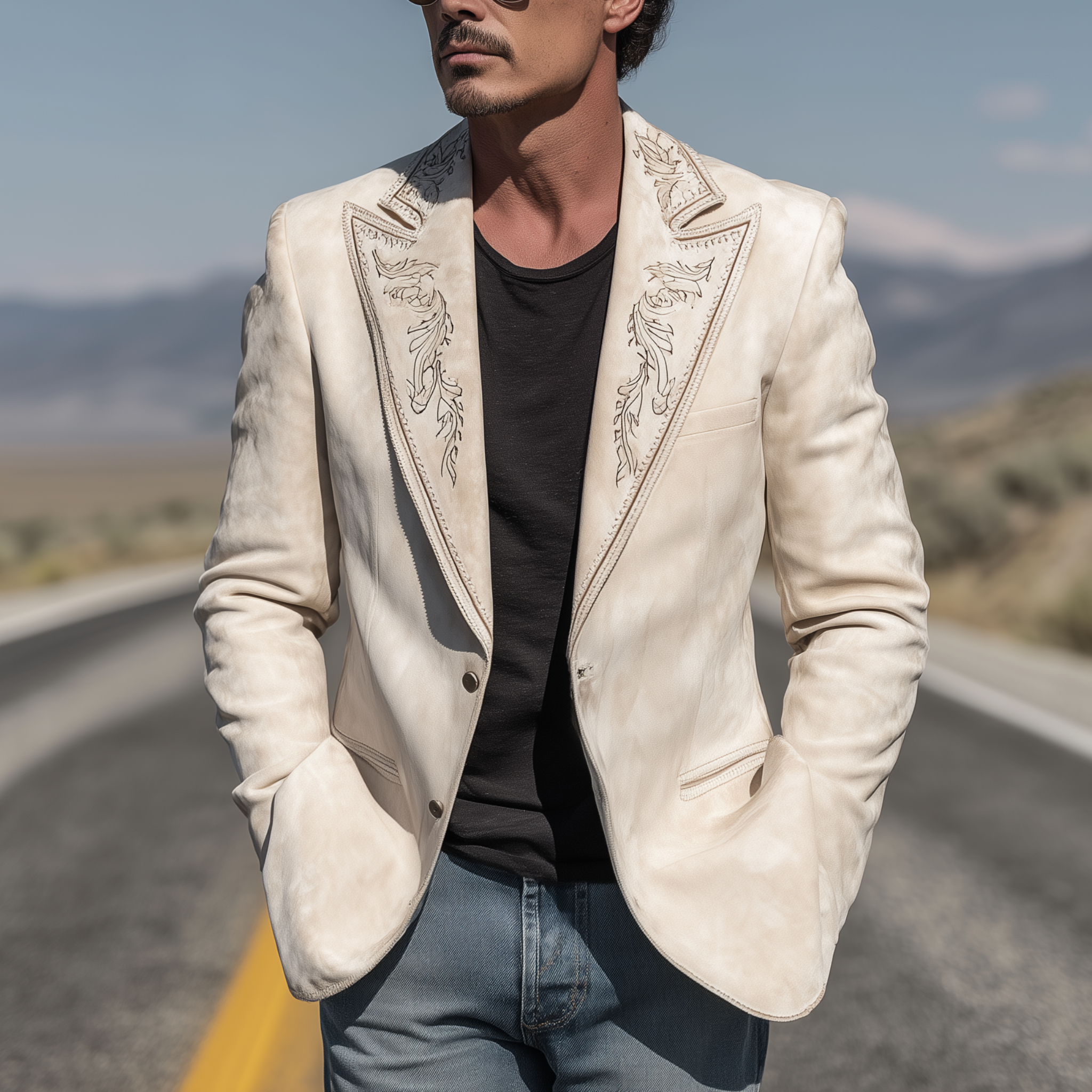 Men's Classic Retro Western Cowboy Style Suede Embroidered Single-breasted Blazer MTA0217H3K
