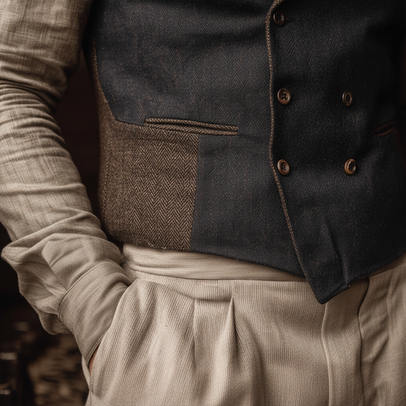 Men's Winter Retro Double-Breasted Slim Fit Herringbone Faux Wool Vest MTA1432J4P