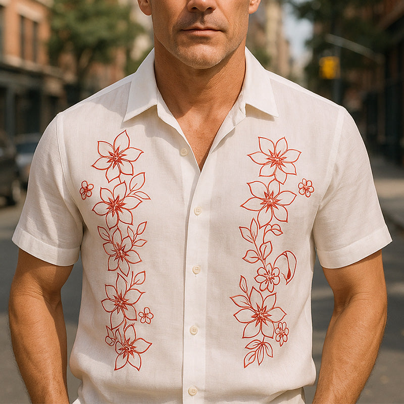 Men's Summer Comfortable Breathable Linen Embroidered Short Sleeve Shirt MTA2378E4P