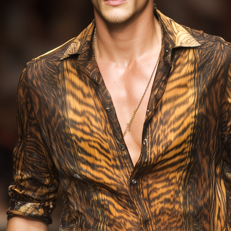 Men's Tiger Print Lapel Long Sleeve Shirt MTA3100G3Z