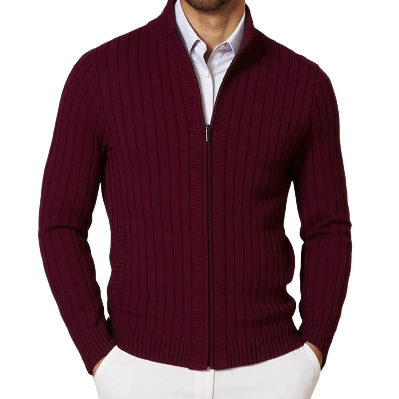 Men's Stand Collar Solid Color Striped Knit Zipper Cardigan MTA1352H6X