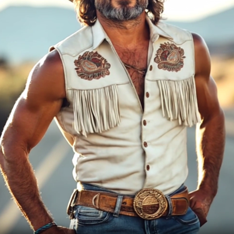 Men's Spring And Summer Fashion Retro Western Cowboy Style Tough Guy Thin Suede Embroidered Tassel Slim Sleeveless Shirt MTA1558E7K