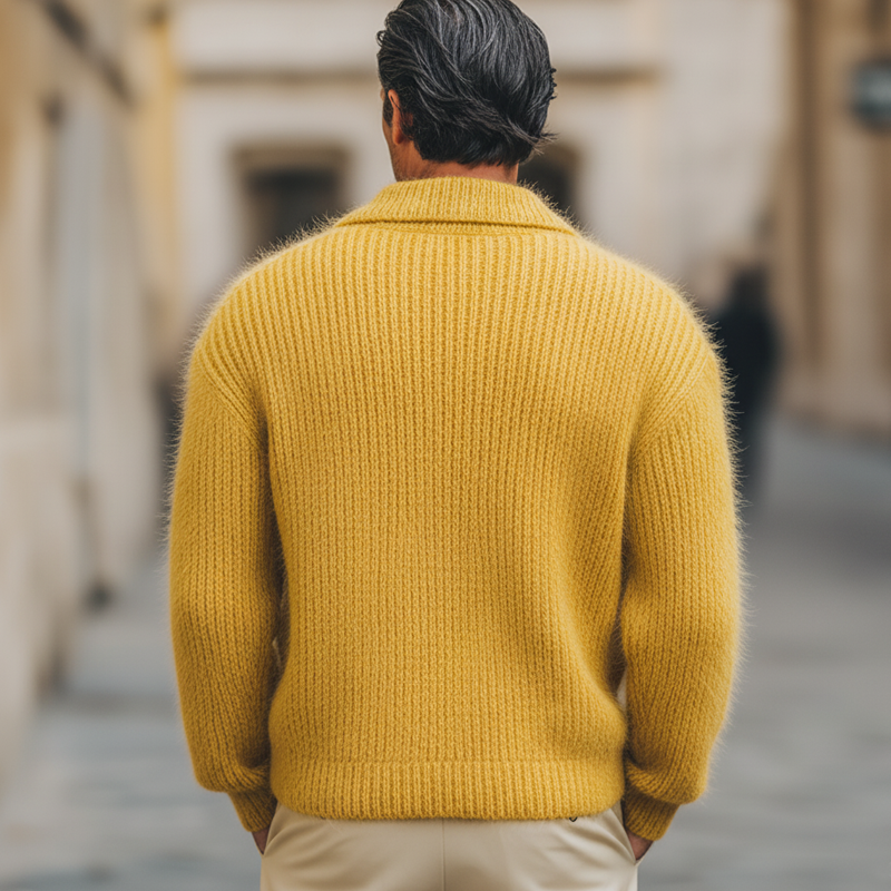 Men's Classic Elegant Mustard Yellow V-Neck Knit Sweater MTA1043L6U