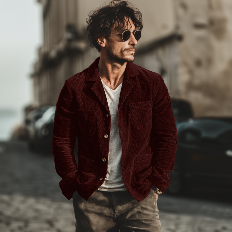 Men's Casual Solid Color Corduroy Lapel Single-breasted Patch Pocket Loose Cargo Jacket MTA3107G1M