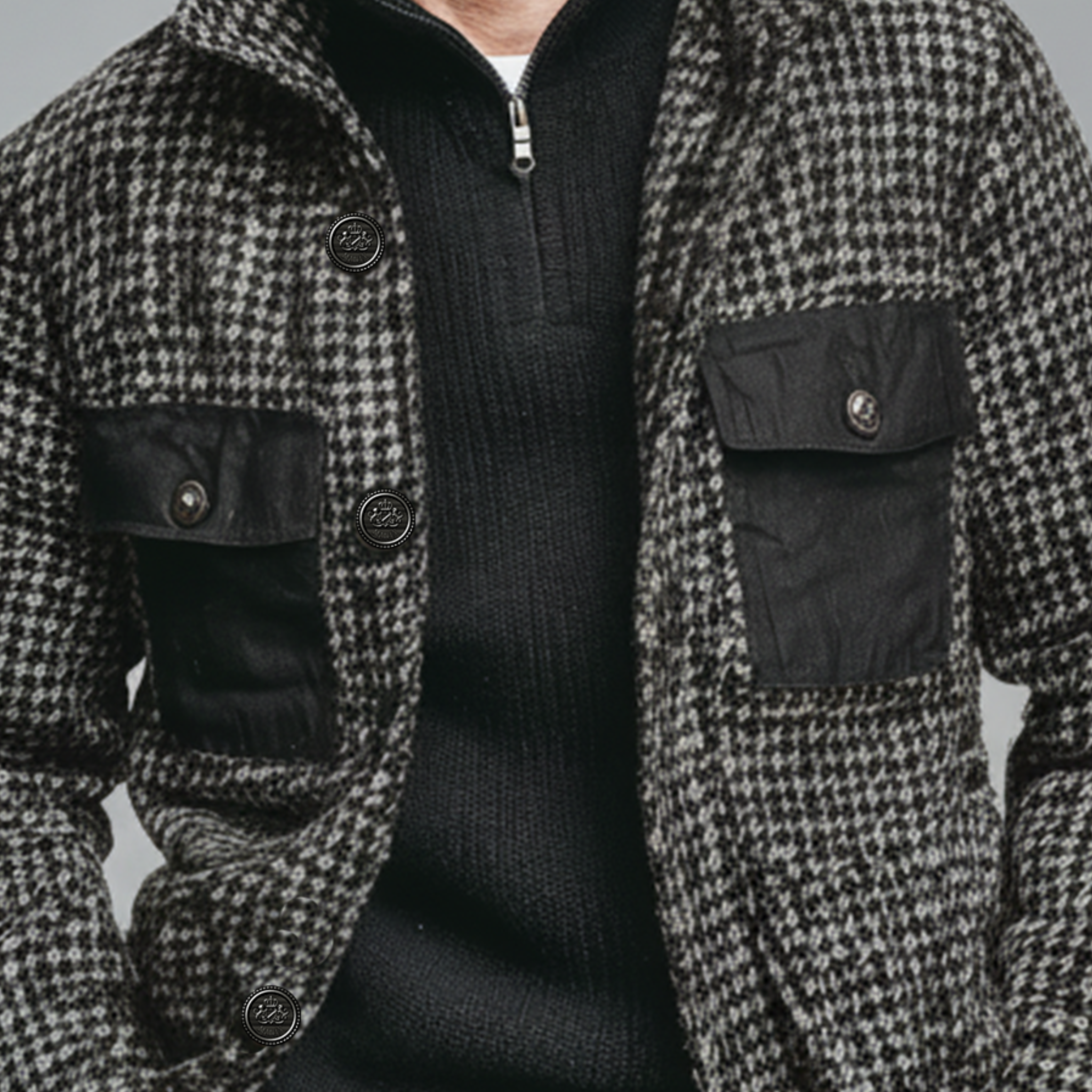 Men's Classic Casual Pocket Cotton Blend Stand Collar Faux Houndstooth Wool Jacket MTA1683J6K