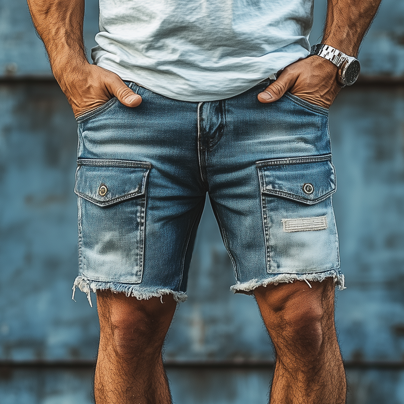 Men's Summer Vintage Raw Edge Denim Shorts MTA2423F1U