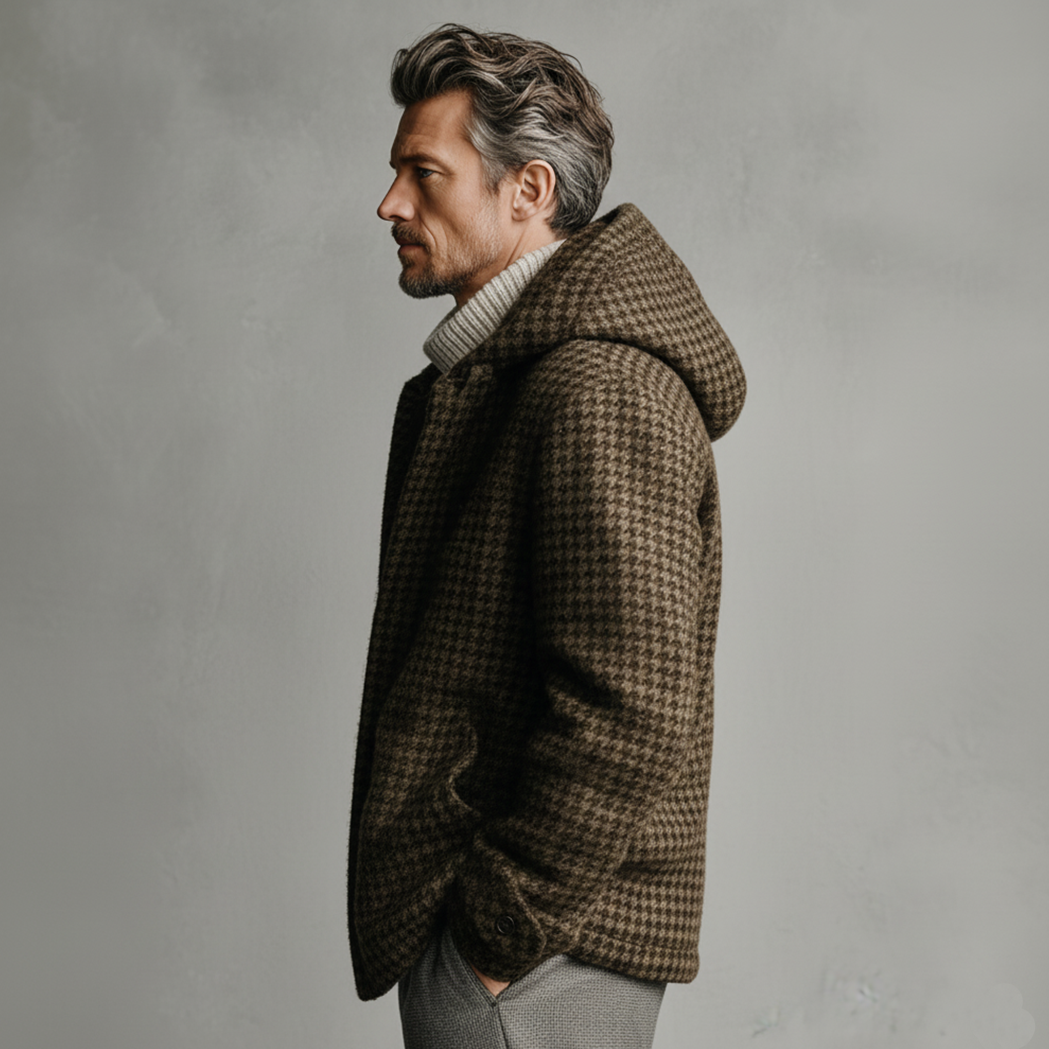Men's Classic Light Business Hooded Zipper Faux Houndstooth Wool Jacket MTA1758J7K