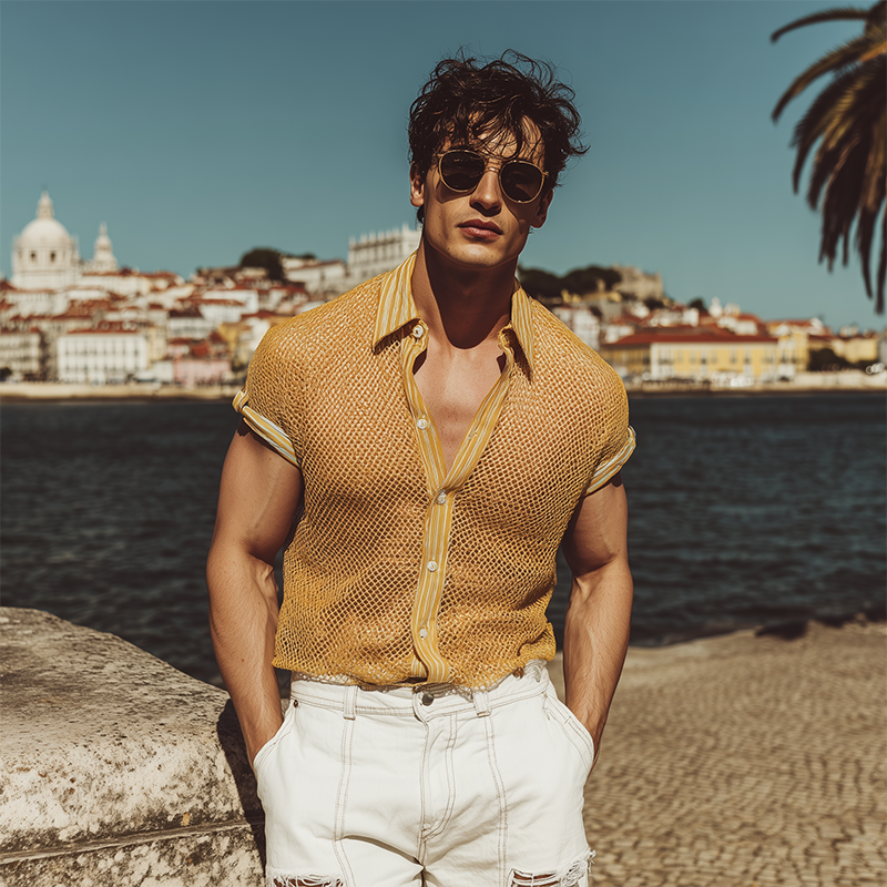 Men's Spring And Summer Fashion Casual Mesh Fabric Micro-transparent Stitching Cotton Blended Striped Slim Short-sleeved Shirt MTA1923F4K