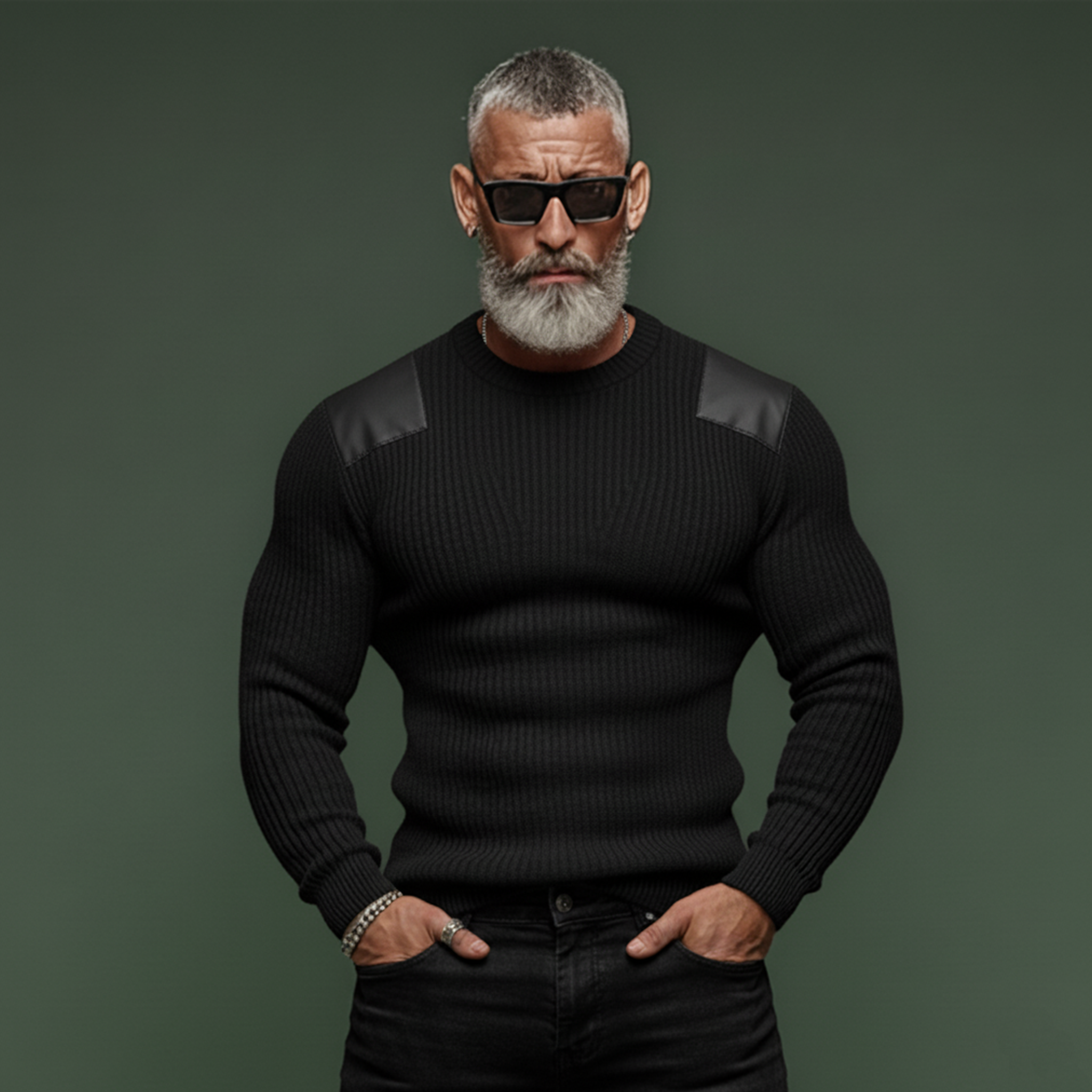 Men's Classic Casual PU Leather Shoulder Slim Fit Crew Neck Sweater MTA2496K7K