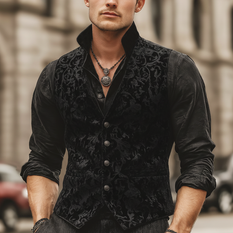 Men's Vintage Embossed Velvet V-neck Slim-fit Vest MTA1667L9U
